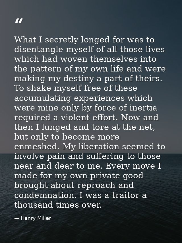 What I secretly longed for was to disentangle myself of all those lives which had woven themselves into the pattern of m — Henry Miller