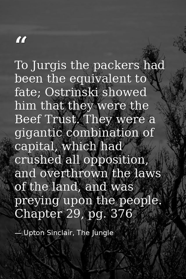 To Jurgis the packers had been the equivalent to fate; Ostrinski showed him that they were the Beef Trust. They were a g — Upton Sinclair, The Jungle