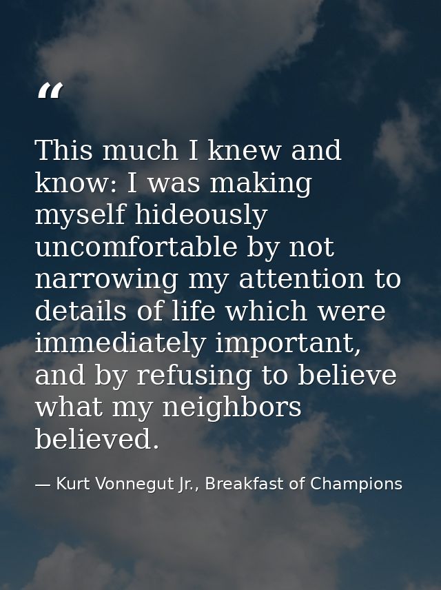 This much I knew and know: I was making myself hideously uncomfortable by not narrowing my attention to details of life  — Kurt Vonnegut Jr., Breakfast of Champions