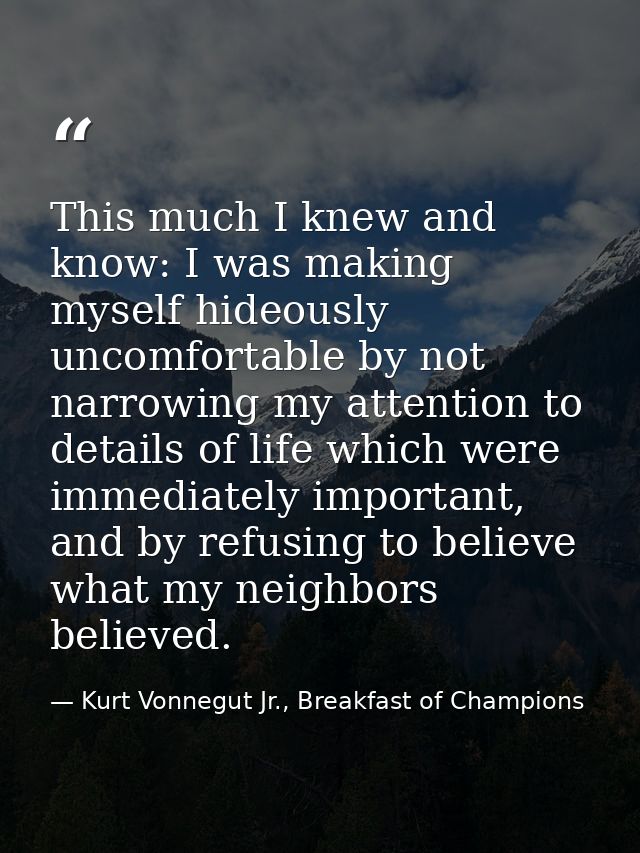 This much I knew and know: I was making myself hideously uncomfortable by not narrowing my attention to details of life  — Kurt Vonnegut Jr., Breakfast of Champions