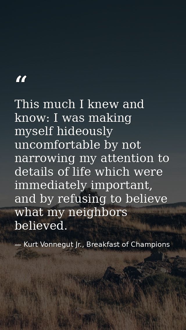 This much I knew and know: I was making myself hideously uncomfortable by not narrowing my attention to details of life  — Kurt Vonnegut Jr., Breakfast of Champions