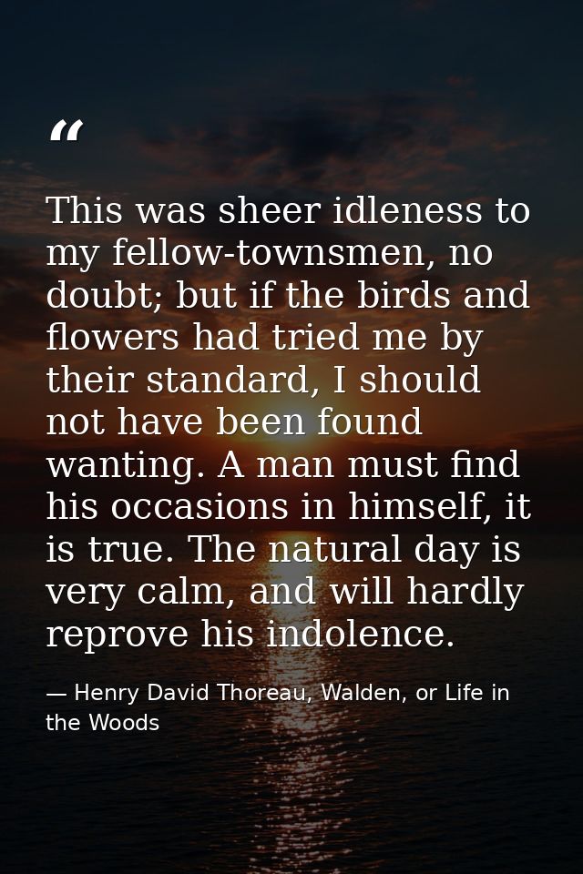 This was sheer idleness to my fellow-townsmen, no doubt; but if the birds and flowers had tried me by their standard, I  — Henry David Thoreau, Walden, or Life in the Woods
