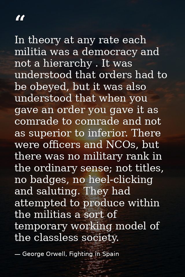 In theory at any rate each militia was a democracy and not a hierarchy . It was understood that orders had to be obeyed, — George Orwell, Fighting in Spain