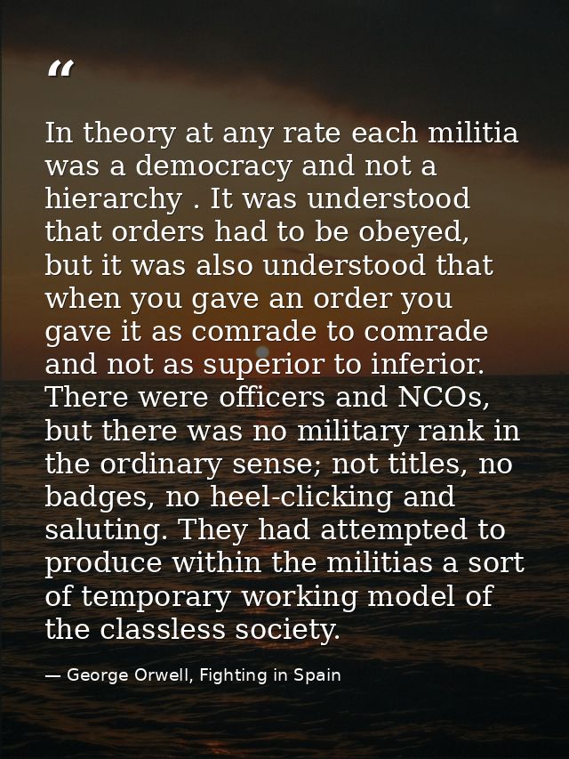In theory at any rate each militia was a democracy and not a hierarchy . It was understood that orders had to be obeyed, — George Orwell, Fighting in Spain