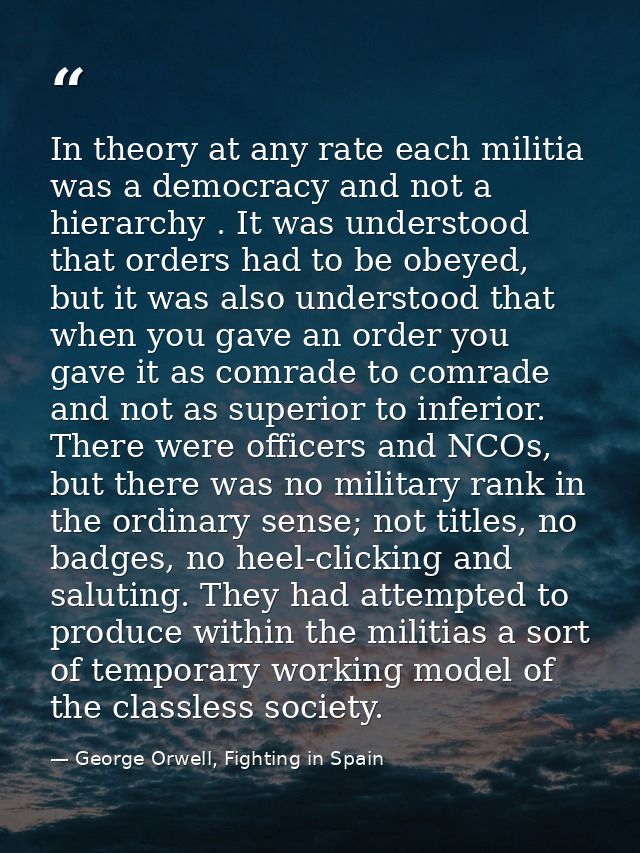 In theory at any rate each militia was a democracy and not a hierarchy . It was understood that orders had to be obeyed, — George Orwell, Fighting in Spain