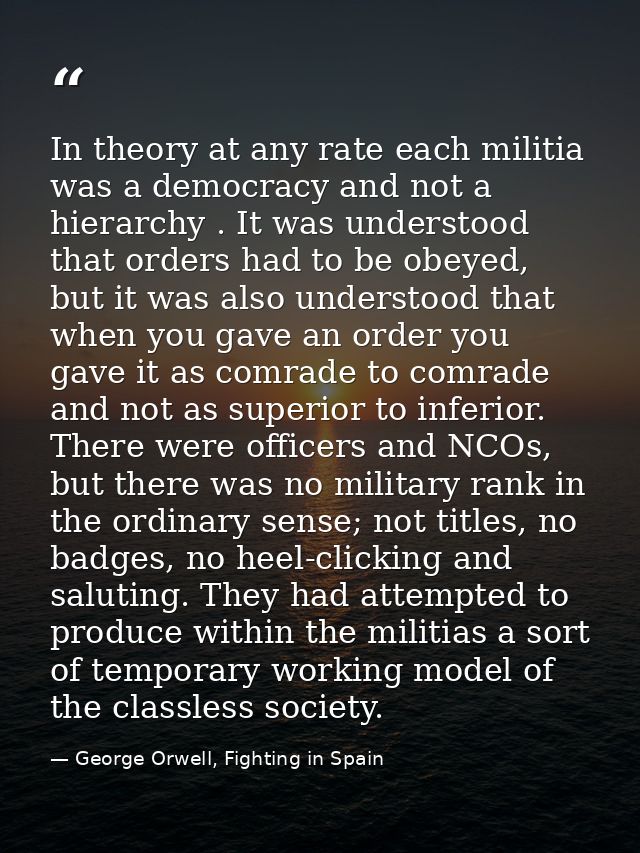 In theory at any rate each militia was a democracy and not a hierarchy . It was understood that orders had to be obeyed, — George Orwell, Fighting in Spain