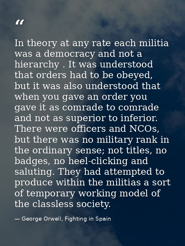 In theory at any rate each militia was a democracy and not a hierarchy . It was understood that orders had to be obeyed, — George Orwell, Fighting in Spain
