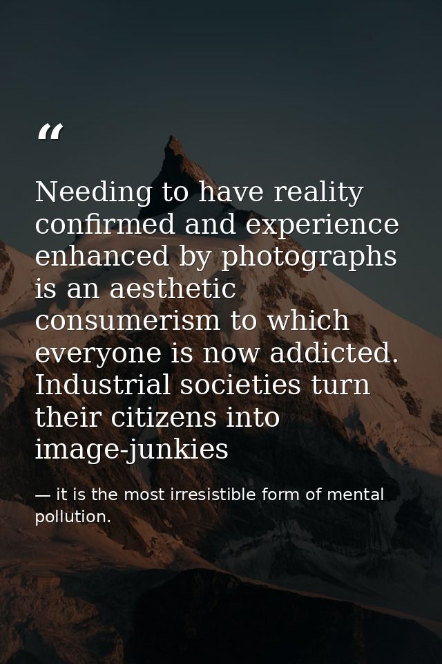 Needing to have reality confirmed and experience enhanced by photographs is an aesthetic consumerism to which everyone i — it is the most irresistible form of mental pollution.