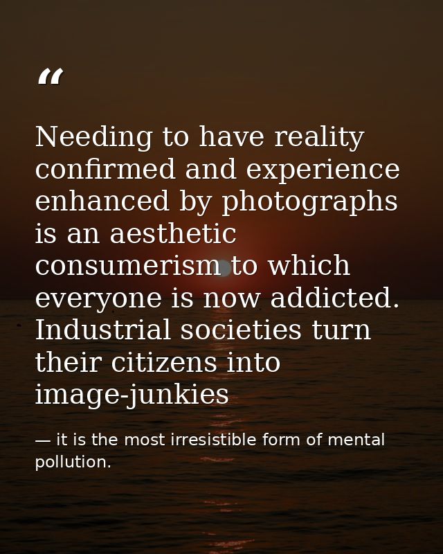 Needing to have reality confirmed and experience enhanced by photographs is an aesthetic consumerism to which everyone i — it is the most irresistible form of mental pollution.
