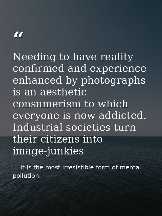 Needing to have reality confirmed and experience enhanced by photographs is an aesthetic consumerism to which everyone i — it is the most irresistible form of mental pollution.