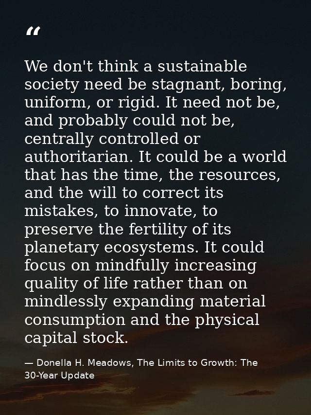 We don't think a sustainable society need be stagnant, boring, uniform, or rigid. It need not be, and probably could not — Donella H. Meadows, The Limits to Growth: The 30-Year Update