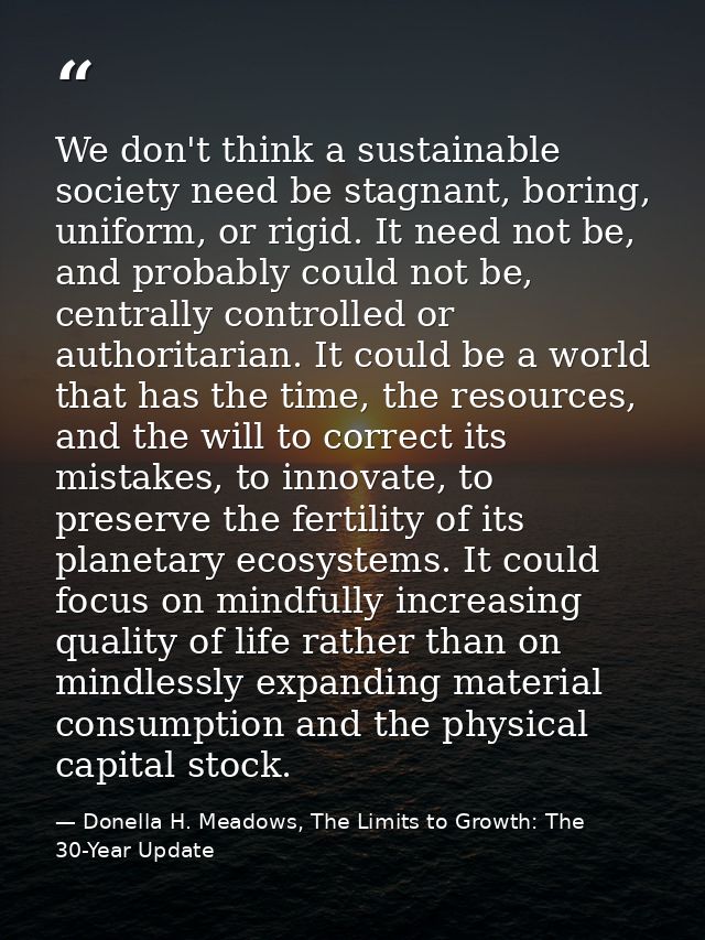 We don't think a sustainable society need be stagnant, boring, uniform, or rigid. It need not be, and probably could not — Donella H. Meadows, The Limits to Growth: The 30-Year Update