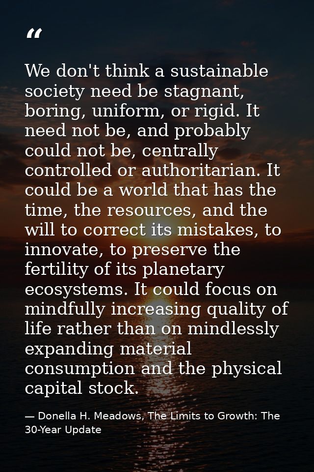 We don't think a sustainable society need be stagnant, boring, uniform, or rigid. It need not be, and probably could not — Donella H. Meadows, The Limits to Growth: The 30-Year Update