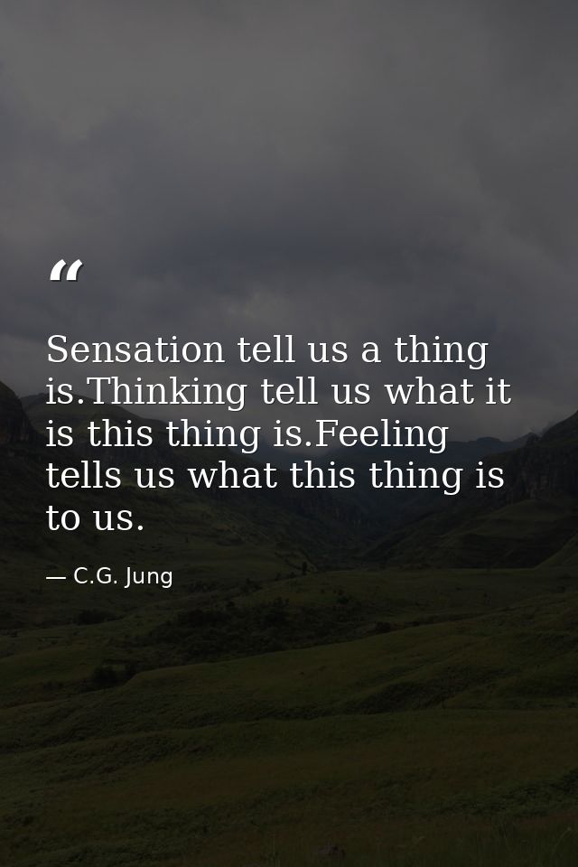 Sensation tell us a thing is.Thinking tell us what it is this thing is.Feeling tells us what this thing is to us. — C.G. Jung