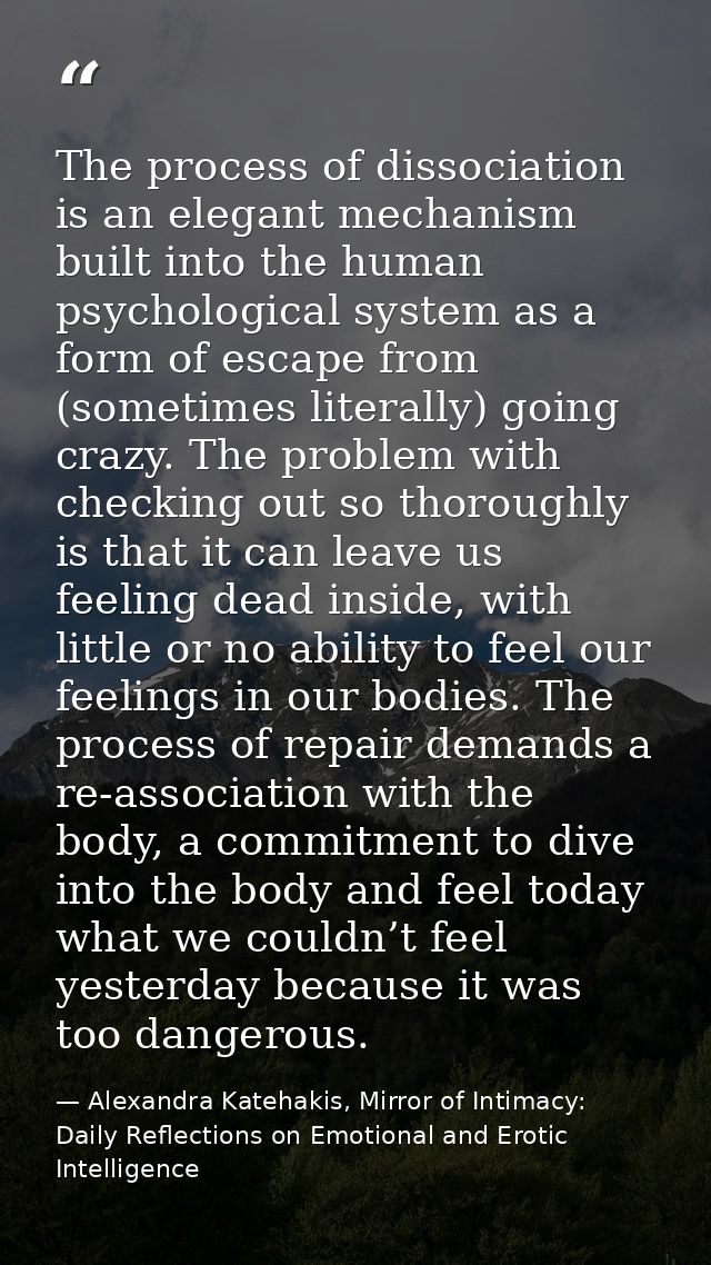 The process of dissociation is an elegant mechanism built into the human psychological system as a form of escape from ( — Alexandra Katehakis, Mirror of Intimacy: Daily Reflections on Emotional and Erotic Intelligence