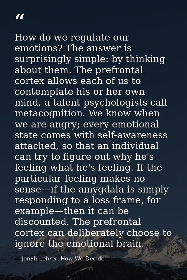 How do we regulate our emotions? The answer is surprisingly simple: by thinking about them. The prefrontal cortex allows — Jonah Lehrer, How We Decide