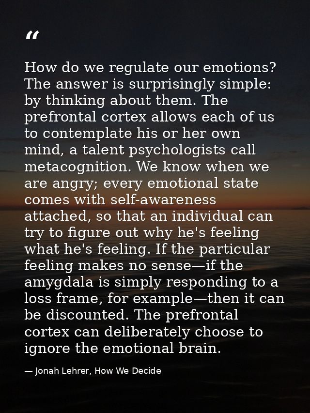 How do we regulate our emotions? The answer is surprisingly simple: by thinking about them. The prefrontal cortex allows — Jonah Lehrer, How We Decide