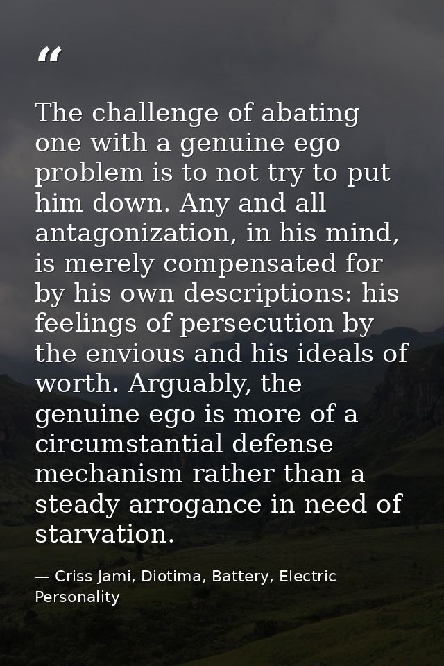 The challenge of abating one with a genuine ego problem is to not try to put him down. Any and all antagonization, in hi — Criss Jami, Diotima, Battery, Electric Personality