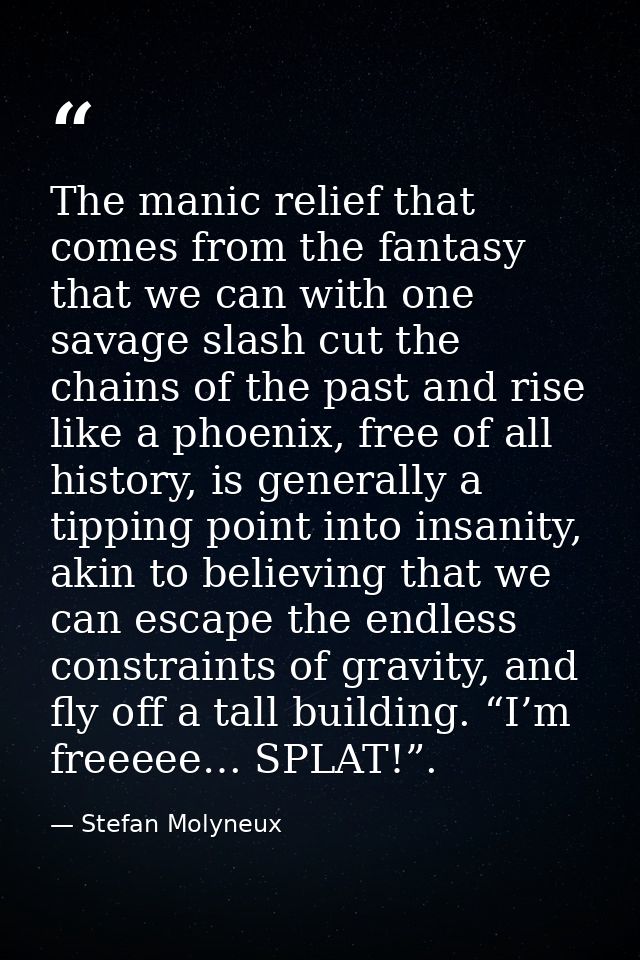The manic relief that comes from the fantasy that we can with one savage slash cut the chains of the past and rise like  — Stefan Molyneux