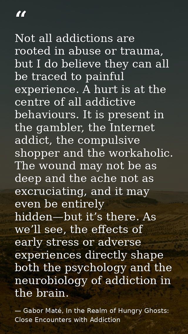 Not all addictions are rooted in abuse or trauma, but I do believe they can all be traced to painful experience. A hurt  — Gabor Maté, In the Realm of Hungry Ghosts: Close Encounters with Addiction