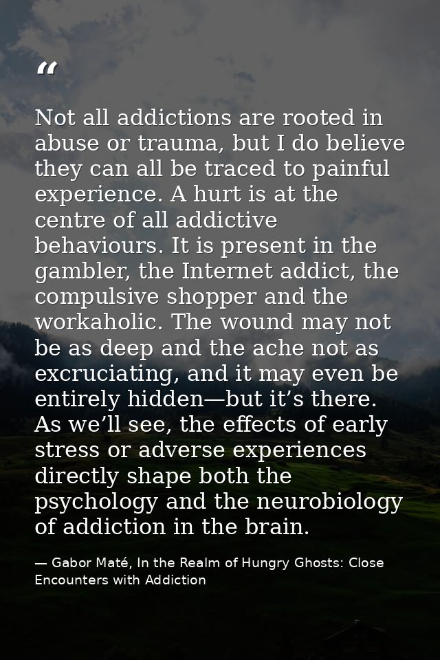Not all addictions are rooted in abuse or trauma, but I do believe they can all be traced to painful experience. A hurt  — Gabor Maté, In the Realm of Hungry Ghosts: Close Encounters with Addiction
