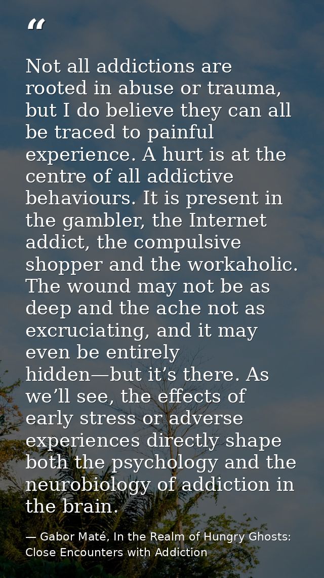 Not all addictions are rooted in abuse or trauma, but I do believe they can all be traced to painful experience. A hurt  — Gabor Maté, In the Realm of Hungry Ghosts: Close Encounters with Addiction