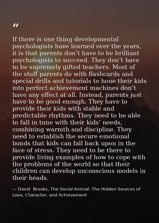 If there is one thing developmental psychologists have learned over the years, it is that parents don’t have to be brill — David  Brooks, The Social Animal: The Hidden Sources of Love, Character, and Achievement