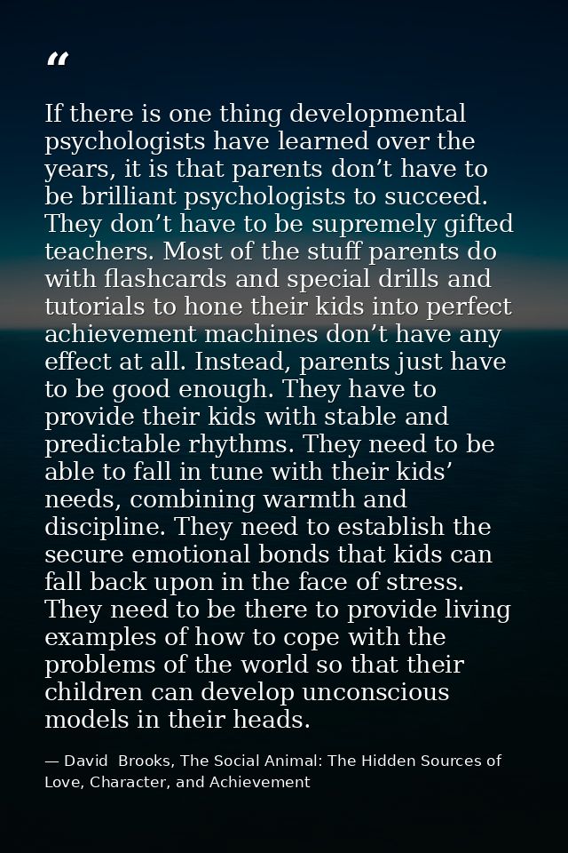 If there is one thing developmental psychologists have learned over the years, it is that parents don’t have to be brill — David  Brooks, The Social Animal: The Hidden Sources of Love, Character, and Achievement
