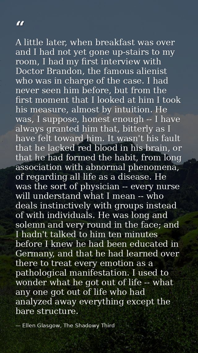 A little later, when breakfast was over and I had not yet gone up-stairs to my room, I had my first interview with Docto — Ellen Glasgow, The Shadowy Third
