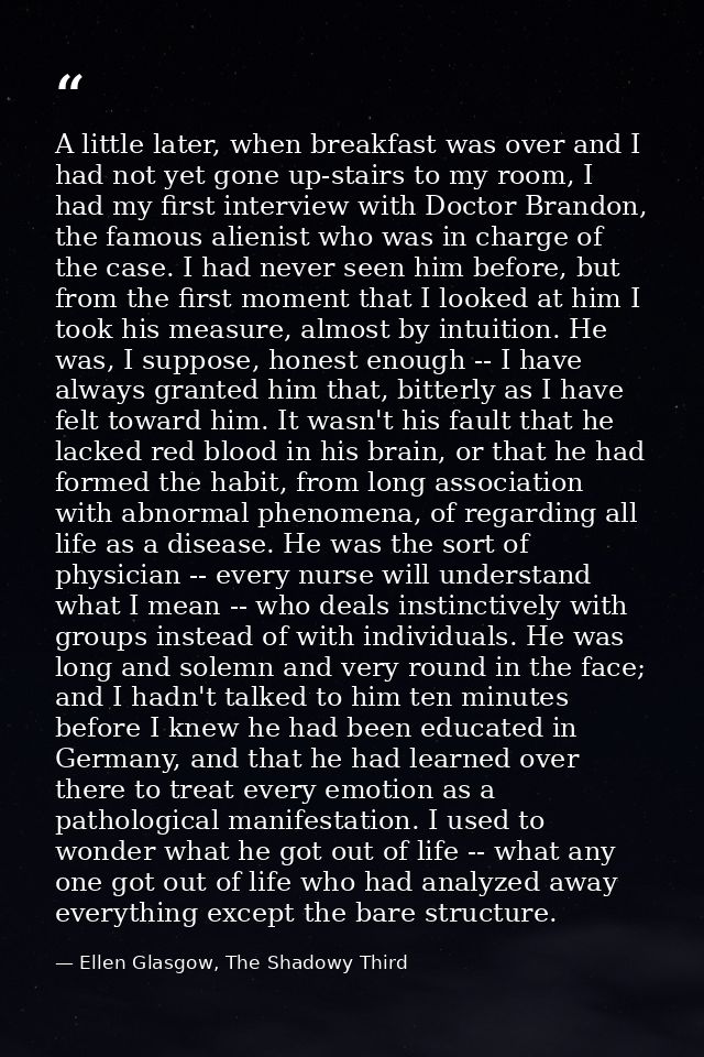 A little later, when breakfast was over and I had not yet gone up-stairs to my room, I had my first interview with Docto — Ellen Glasgow, The Shadowy Third