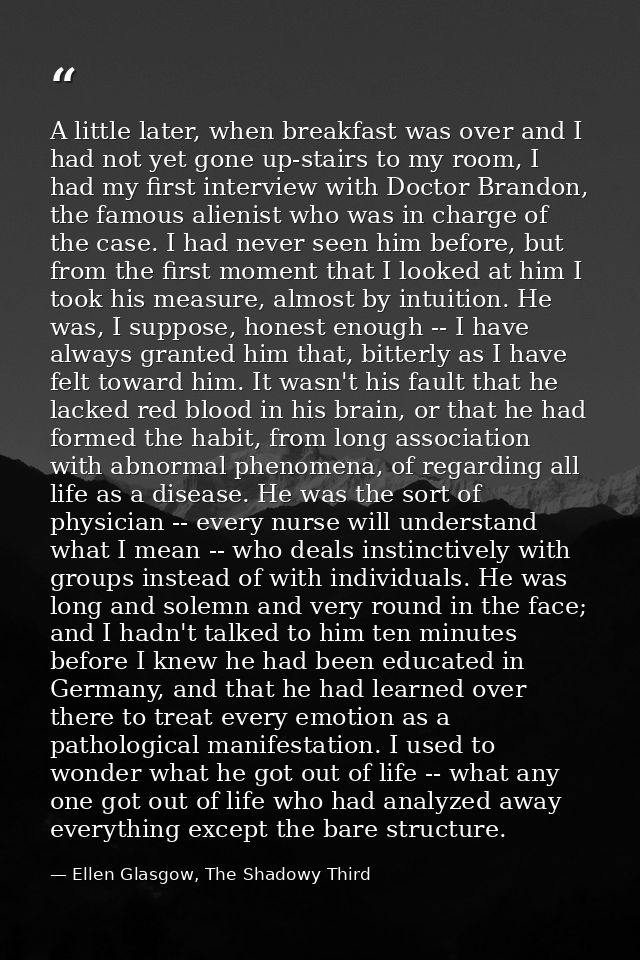 A little later, when breakfast was over and I had not yet gone up-stairs to my room, I had my first interview with Docto — Ellen Glasgow, The Shadowy Third
