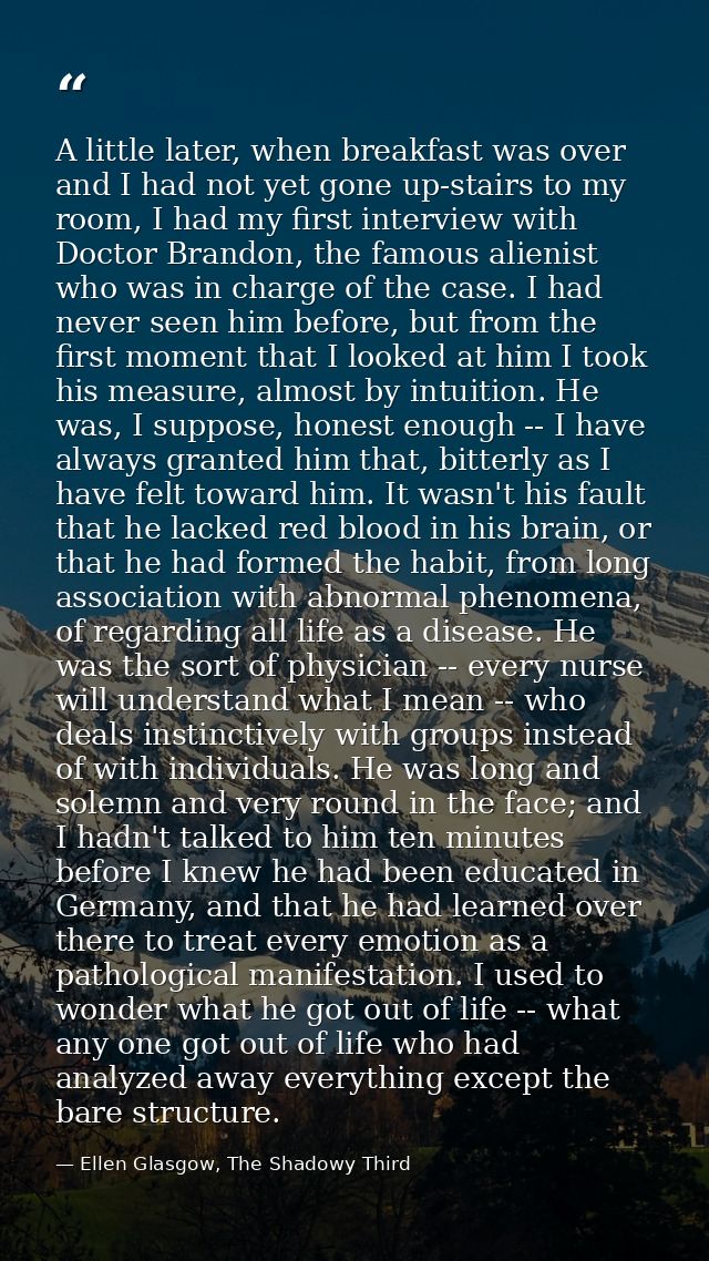 A little later, when breakfast was over and I had not yet gone up-stairs to my room, I had my first interview with Docto — Ellen Glasgow, The Shadowy Third