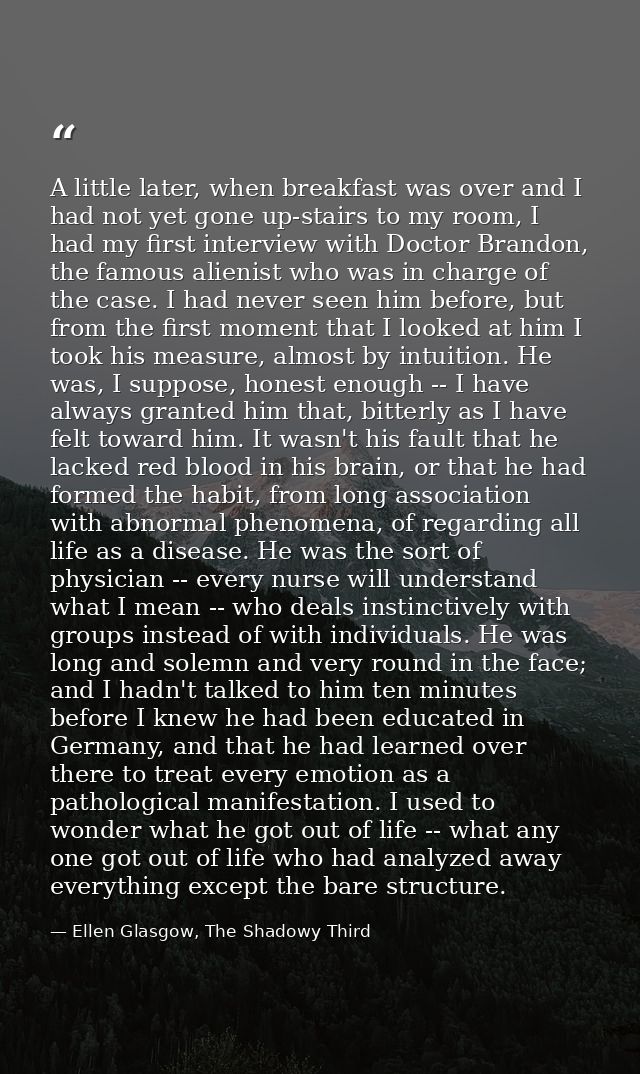 A little later, when breakfast was over and I had not yet gone up-stairs to my room, I had my first interview with Docto — Ellen Glasgow, The Shadowy Third