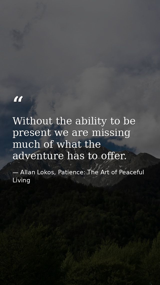 Without the ability to be present we are missing much of what the adventure has to offer. — Allan Lokos, Patience: The Art of Peaceful Living
