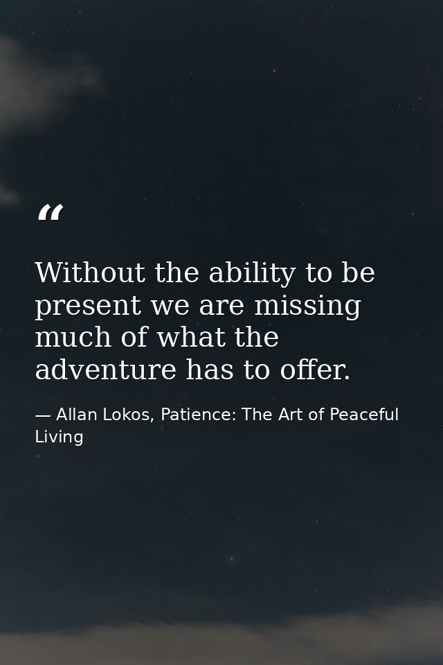 Without the ability to be present we are missing much of what the adventure has to offer. — Allan Lokos, Patience: The Art of Peaceful Living