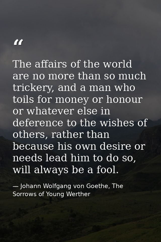 The affairs of the world are no more than so much trickery, and a man who toils for money or honour or whatever else in  — Johann Wolfgang von Goethe, The Sorrows of Young Werther