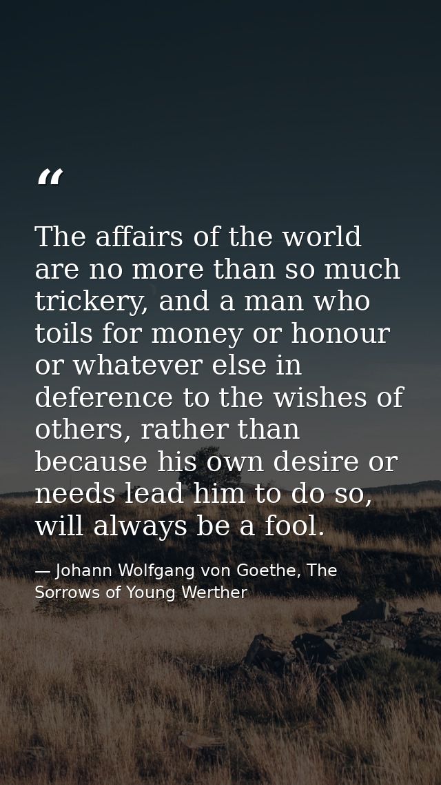 The affairs of the world are no more than so much trickery, and a man who toils for money or honour or whatever else in  — Johann Wolfgang von Goethe, The Sorrows of Young Werther
