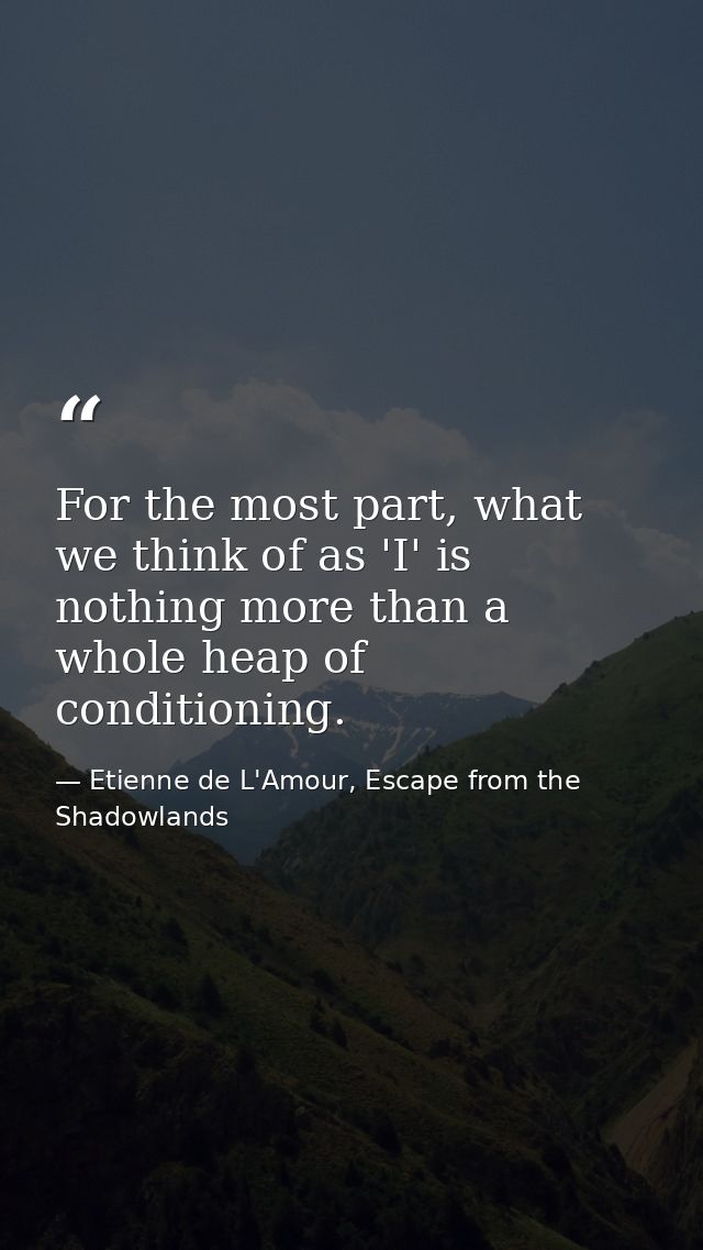 For the most part, what we think of as 'I' is nothing more than a whole heap of conditioning. — Etienne de L'Amour, Escape from the Shadowlands