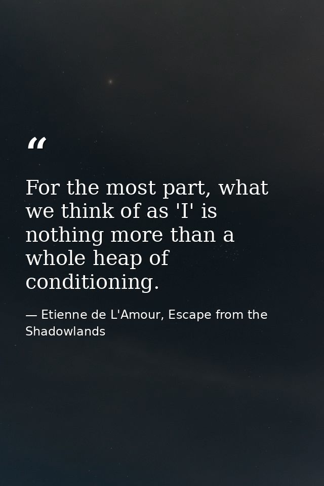 For the most part, what we think of as 'I' is nothing more than a whole heap of conditioning. — Etienne de L'Amour, Escape from the Shadowlands