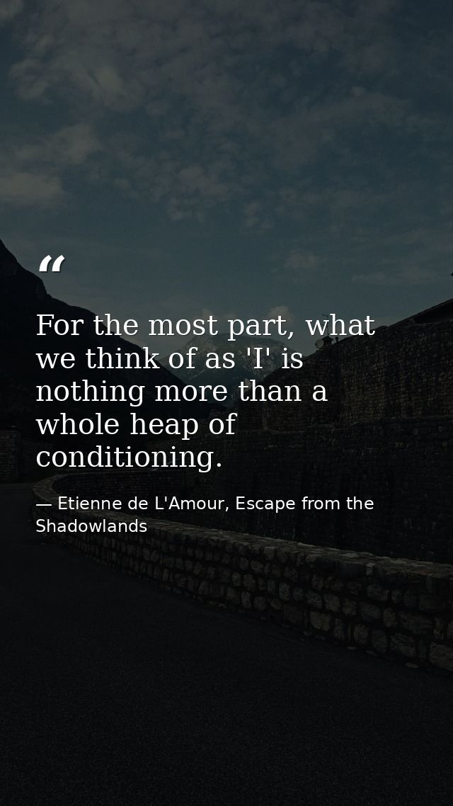 For the most part, what we think of as 'I' is nothing more than a whole heap of conditioning. — Etienne de L'Amour, Escape from the Shadowlands