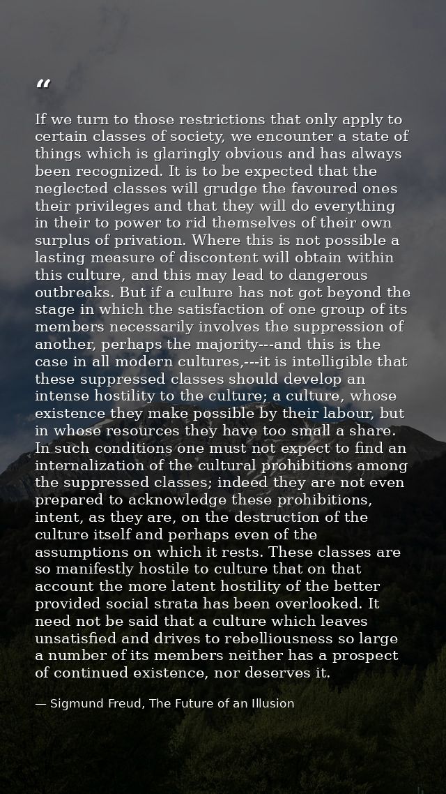 If we turn to those restrictions that only apply to certain classes of society, we encounter a state of things which is  — Sigmund Freud, The Future of an Illusion