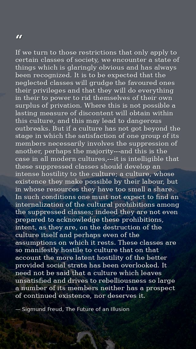 If we turn to those restrictions that only apply to certain classes of society, we encounter a state of things which is  — Sigmund Freud, The Future of an Illusion