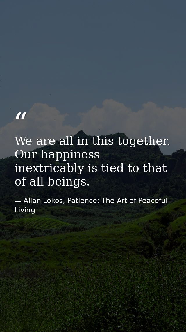 We are all in this together. Our happiness inextricably is tied to that of all beings. — Allan Lokos, Patience: The Art of Peaceful Living