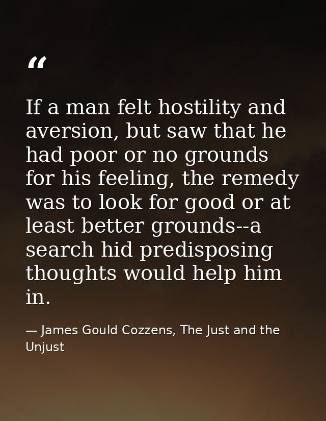 If a man felt hostility and aversion, but saw that he had poor or no grounds for his feeling, the remedy was to look for — James Gould Cozzens, The Just and the Unjust