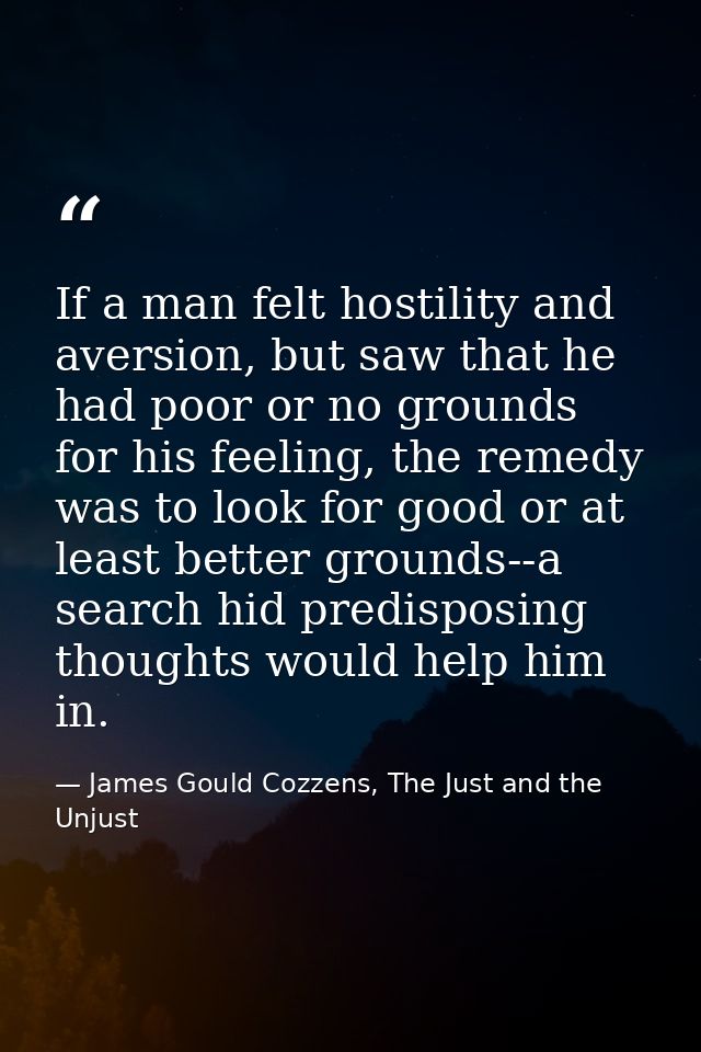 If a man felt hostility and aversion, but saw that he had poor or no grounds for his feeling, the remedy was to look for — James Gould Cozzens, The Just and the Unjust