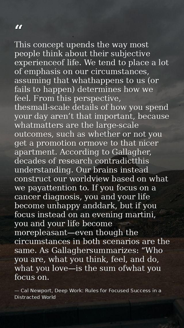 This concept upends the way most people think about their subjective experienceof life. We tend to place a lot of emphas — Cal Newport, Deep Work: Rules for Focused Success in a Distracted World