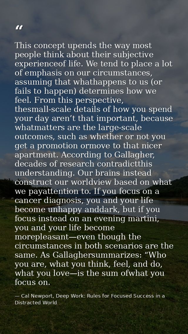 This concept upends the way most people think about their subjective experienceof life. We tend to place a lot of emphas — Cal Newport, Deep Work: Rules for Focused Success in a Distracted World