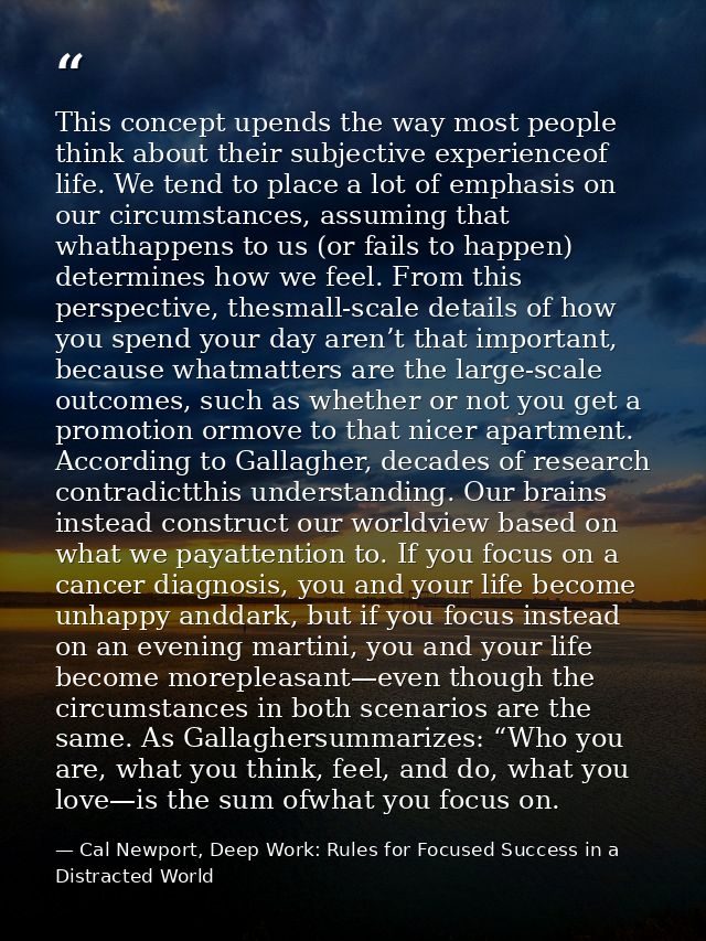 This concept upends the way most people think about their subjective experienceof life. We tend to place a lot of emphas — Cal Newport, Deep Work: Rules for Focused Success in a Distracted World