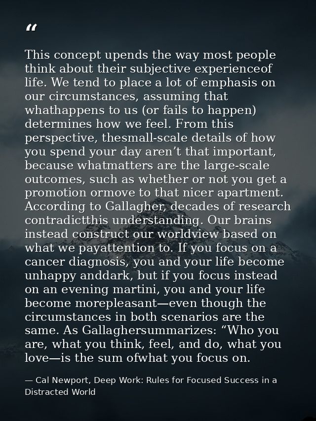 This concept upends the way most people think about their subjective experienceof life. We tend to place a lot of emphas — Cal Newport, Deep Work: Rules for Focused Success in a Distracted World