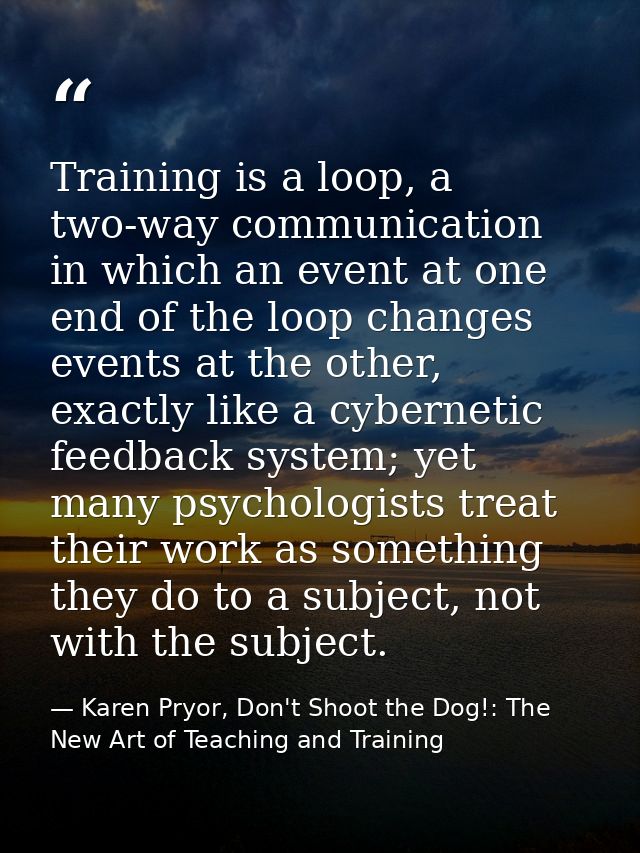 Training is a loop, a two-way communication in which an event at one end of the loop changes events at the other, exactl — Karen Pryor, Don't Shoot the Dog!: The New Art of Teaching and Training